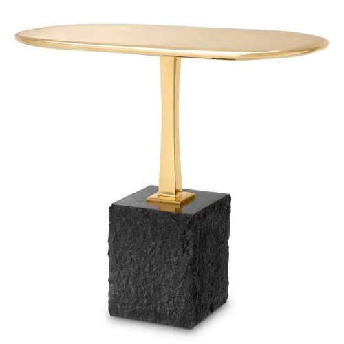 Designer Side Table Kayan L by Eichholtz with a polished brass top and a black granite base