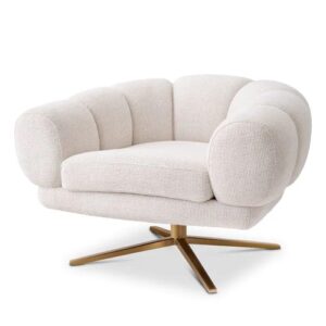 Luxurious designer Swivel Chair Sunset by Eichholtz in Lyssa off-white upholstery and a brushed brass finish swivel base
