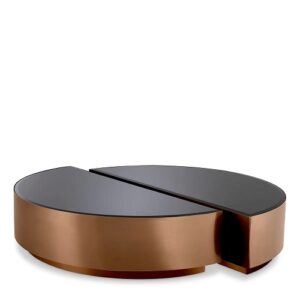 Designer Coffee Table Astra (set of 2) in brushed copper finish with black bevelled glass. Set consists of 2 semi-circular pieces