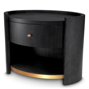 Designer Bedside Table Rosemberg in charcoal grey oak veneer and brushed brass finish.