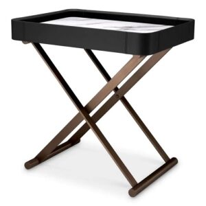 Designer Butler Tray Monarch by Eichholtz features genuine black leather and a foldable bronze finish stand and a white marble-look sintered stone top.
