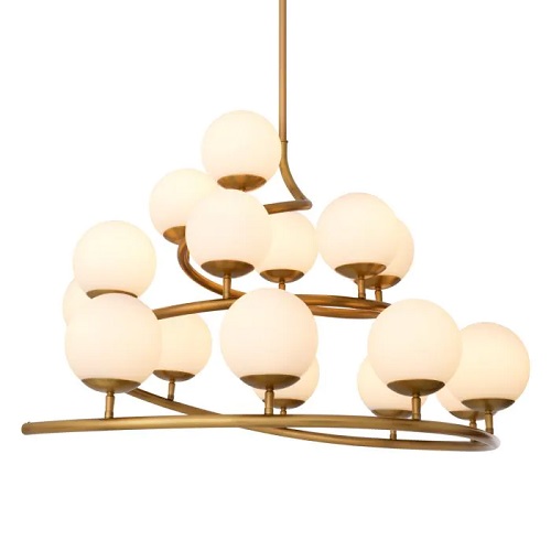 Designer Chandelier Brissac by Eichholtz in antique brass finish with 16 ethereal white glass shades