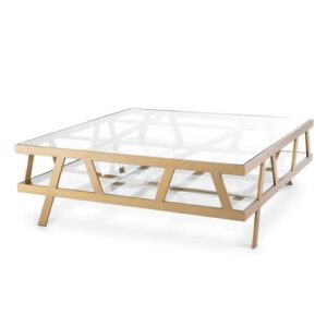 Square designer Coffee Table Billinghurst by Eichholtz in brushed brass finish with a clear glass tops