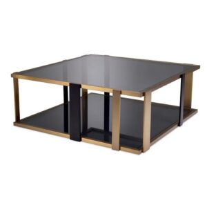 Designer Coffee Table Clio by Eichholtz in brushed brass finish and black finish. Square table with bevelled 10mm thick smoke glass