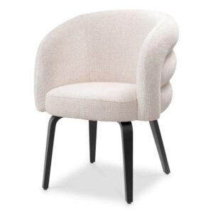 Designer Dining Chair Novelle by Eichholtz in lyssa off-white finish upholstery with black finish legs. Back seat features 3 plush rolls