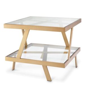 Square designer Side Table Billinghurst by Eichholtz in brushed brass finish with a clear glass tops