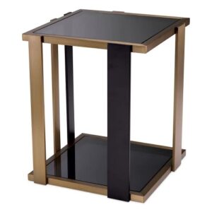 Designer Side Table Clio by Eichholtz in brushed brass finish and black finish. Square table with bevelled 10mm thick smoke glass