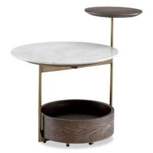 Designer Side Table Faye by Eichholtz in brushed brass finish with white marble top. Features additional smaller round top in veneer and a bottom tray for storage in veneer