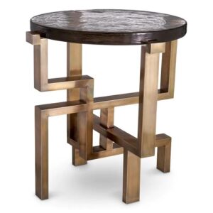 Designer Side Table Gee by Eichholtz in a vintage brass finish and handmade glass round tabletop