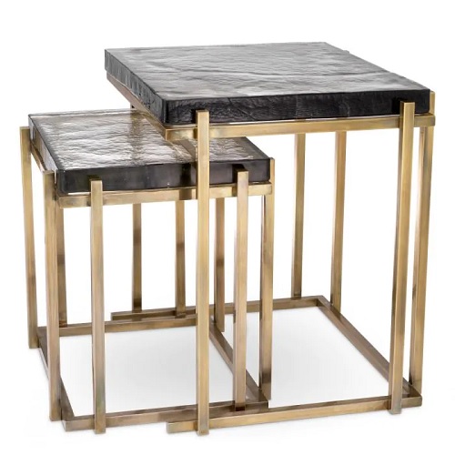 Designer Side Table Niemeyer (set of 2) by Eichholtz in a vintage brass finish with handmade glass tabletop