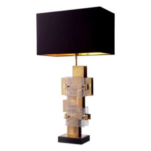 Designer Table Lamp Langham by Eichholtz in vintage brass finish with glass. Features granite base. Includes black shade