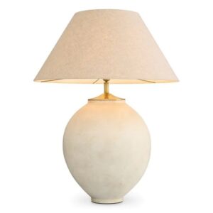 Skillfully crafted Table Lamp Moon Jar by Eichholtz in sand and brushed brass finish. Includes a linen mix shade