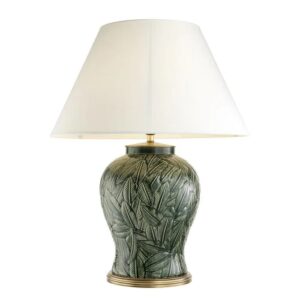 Designer Table Lamp Cyprus by Eichholtz in green ceramic and antique brass finish. Includes off-white shade
