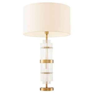 Designer Table Lamp East by Eichholtz in antique brass finish with clear glass. Includes white shade