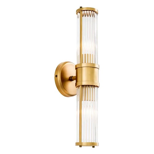 Designer Wall Lamp Claridges Double by Eichholtz in an antique brass finish with ribbed and bevelled clear glass