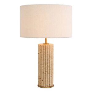 Luxurious Table Lamp Giova Round by Eichholtz in travertine and antique brass finish with a boucle shade