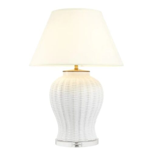 Designer Table Lamp Fort Meyer by Eichholtz in cracked white ceramic crystal glass base. Includes off-white shade
